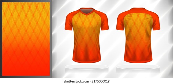 Vector sport pattern design template for V-neck T-shirt front and back with short sleeve view mockup. Orange-yellow color gradient abstract geometric line texture background illustration.