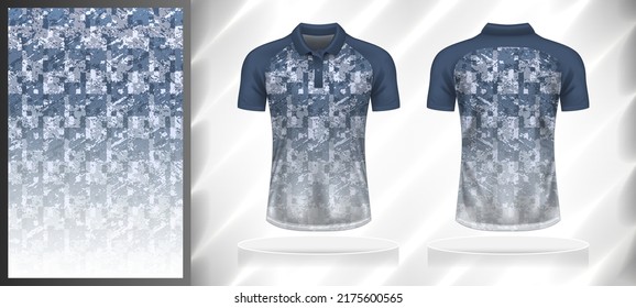 Vector sport pattern design template for Polo T  shirt front   back view mockup  Dark   light shades gray  blue  white color gradient abstract grunge square texture background illustration 