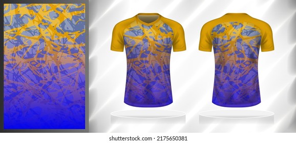 Vector sport pattern design template for V-neck T-shirt front and back with short sleeve view mockup. Shades of yellow-purple-blue color gradient abstract grunge texture background illustration.