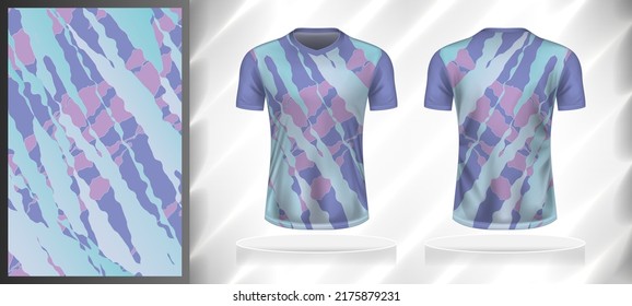 Vector sport pattern design template for V-neck T-shirt front and back with short sleeve view mockup. Pastel-pink-purple-green-white color gradient abstract texture background illustration.