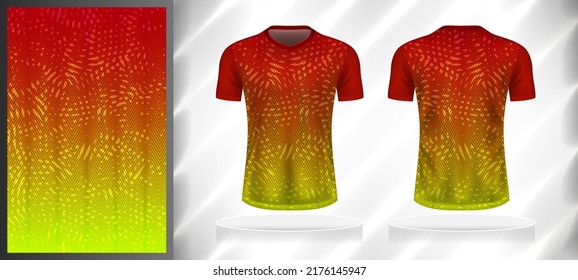 Vector sport pattern design template for V-neck T-shirt front and back with short sleeve view mockup. Red-yellow color gradient abstract line texture background illustration.