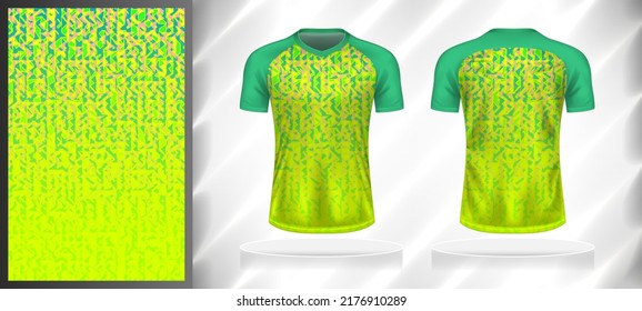 Vector sport pattern design template for V-neck T-shirt front and back with short sleeve view mockup. Green-yellow-pink color gradient abstract texture background illustration.