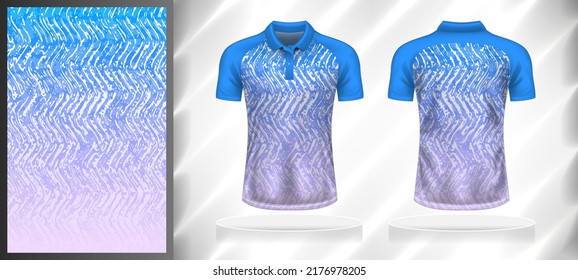 Vector sport pattern design template for Polo T-shirt front and back with short sleeve view mockup. Blue-white-purple color gradient wave grunge texture background illustration.