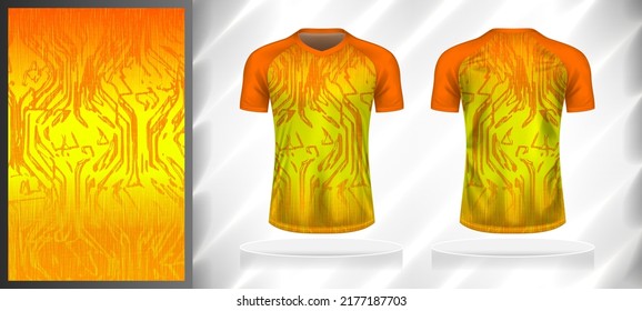 Vector sport pattern design template for V-neck T-shirt front and back with short sleeve view mockup. Orange-yellow color gradient abstract texture background illustration.