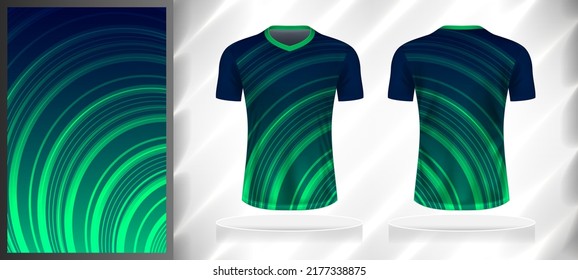 Vector sport pattern design template for V-neck T-shirt front and back with short sleeve view mockup. Shades of blue-green color gradient abstract curve line texture background illustration.
