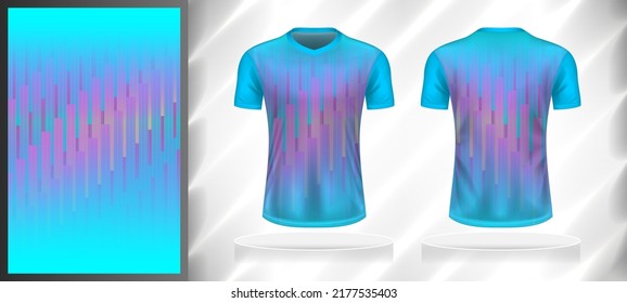 Vector sport pattern design template for V-neck T-shirt front and back with short sleeve view mockup. Blue-pink color gradient abstract geometric square texture background illustration.