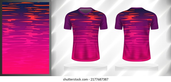 Modelo de diseño de patrones deportivos vectoriales para camisetas de cuello V en frente y espalda con simulación de manga corta. Ilustración de fondo abstracta de color morado-rosa-anaranjado-azul.