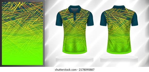 Vector sport pattern design template for Polo T-shirt front and back with short sleeve view mockup. Green-yellow-blue-orange color gradient abstract line texture background illustration.