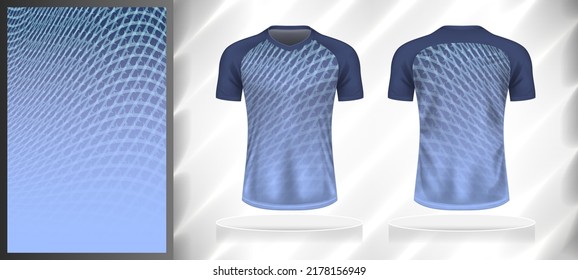 Modelo de diseño de patrones deportivos vectoriales para camisetas de cuello V en frente y espalda con simulación de manga corta. Ilustración de fondo abstracto de matices de degradado de color azul-gris.