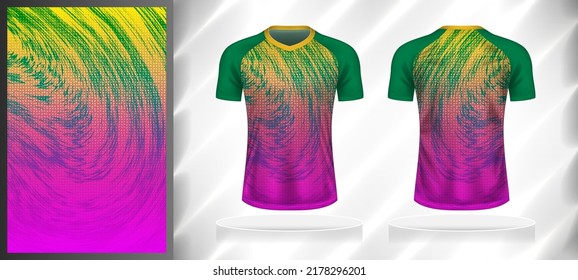 Vector sport pattern design template for V-neck T-shirt front and back with short sleeve view mockup. Green-pink-yellow color gradient abstract texture background illustration.