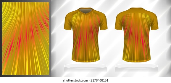 Vector sport pattern design template for V-neck T-shirt front and back with short sleeve view mockup. Yellow-brown-pink color gradient abstract vertical curve line texture background illustration.