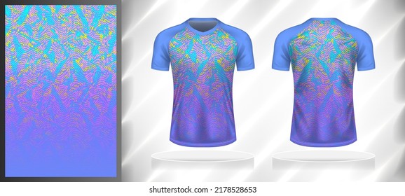 Vector sport pattern design template for V-neck T-shirt front and back with short sleeve view mockup. Pastel-blue-purple-pink-yellow color gradient abstract grunge texture background illustration.