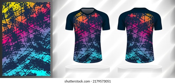 Vector sport pattern design template for V-neck T-shirt front and back with short sleeve view mockup. Dark and light shades of blue with pink-yellow color gradient abstract grunge texture background.