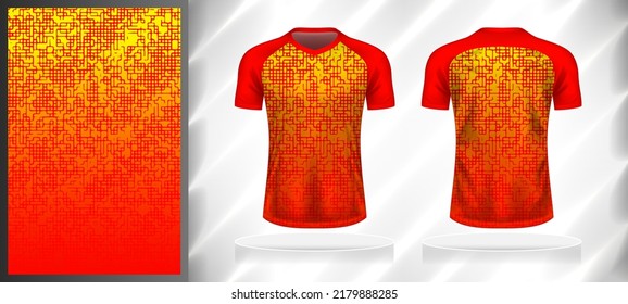 Vector sport pattern design template for V-neck T-shirt front and back with short sleeve view mockup. Shades of red-yellow-gold color gradient abstract geometric texture background.