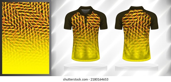 Vector sport pattern design template for Polo T-shirt front and back with short sleeve view mockup. Shades of black-brown-orange-yellow color gradient abstract grunge texture background.