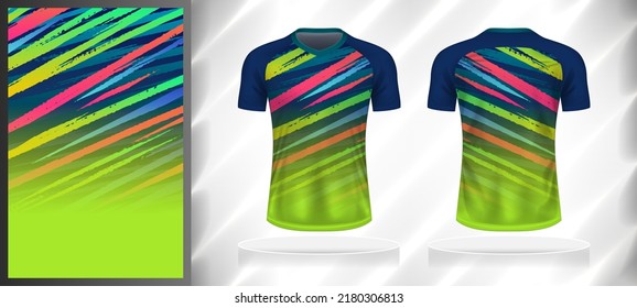 Vector sport pattern design template for V-neck T-shirt front and back with short sleeve view mockup. Shades of blue-green-pink color gradient abstract grunge line texture background.