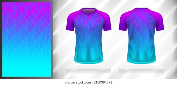 Vector sport pattern design template for V-neck T-shirt front and back with short sleeve view mockup. Pink-purple-blue color gradient abstract grunge line texture background.