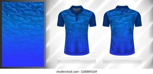 Vector sport pattern design template for Polo T-shirt front and back with short sleeve view mockup. Dark and light shades of blue color gradient abstract line texture background illustration.