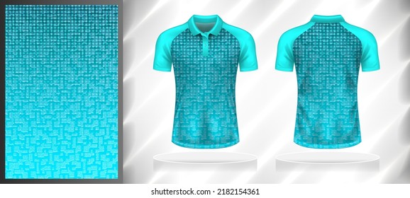 Vector sport pattern design template for Polo T  shirt front   back and short sleeve view mockup  Shades blue  green color gradient abstract geometric grunge line texture background illustration 