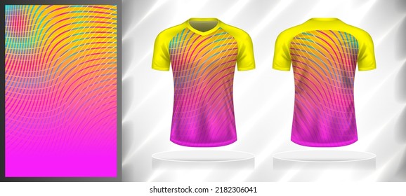 Vector sport pattern design template for V-neck T-shirt front and back with short sleeve view mockup. Shades of yellow-pink-blue color gradient abstract curve line texture background.