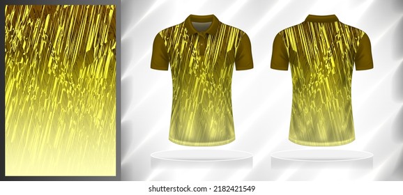 Vector sport pattern design template for Polo T-shirt front and back with short sleeve view mockup. Shades of brown-yellow color gradient abstract grunge texture background illustration.
