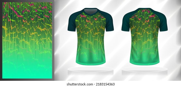 Vector sport pattern design template for V-neck T-shirt front and back with short sleeve view mockup. Dark and light shades of green with pink-orange-yellow color gradient grunge texture background.