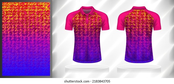 Vector sport pattern design template for Polo T-shirt front and back with short sleeve view mockup. Shades of pink-purple-yellow-red color gradient abstract texture background illustration.