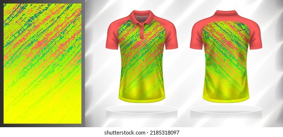 Vector sport pattern design template for Polo T-shirt front and back with short sleeve view mockup. Pink-green-yellow-blue color gradient abstract grunge texture background illustration.