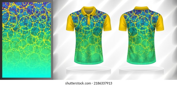 Vector sport pattern design template for Polo T-shirt front and back with short sleeve view mockup. Yellow-blue-green color gradient abstract texture background illustration.