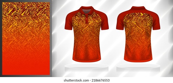 Vector sport pattern design template for Polo T-shirt front and back with short sleeve view mockup. Shades of red-yellow color gradient abstract grunge texture background illustration.