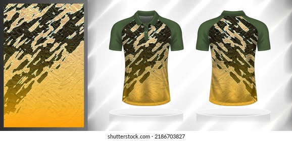 Vector sport pattern design template for Polo T-shirt front and back with short sleeve view mockup. Dark and light shades of green-brown-orange color gradient abstract texture background illustration.