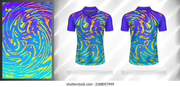 Vector sport pattern design template for Polo T-shirt front and back view mockup. Purple-blue-yellow-orange color gradient abstract grunge texture background illustration.