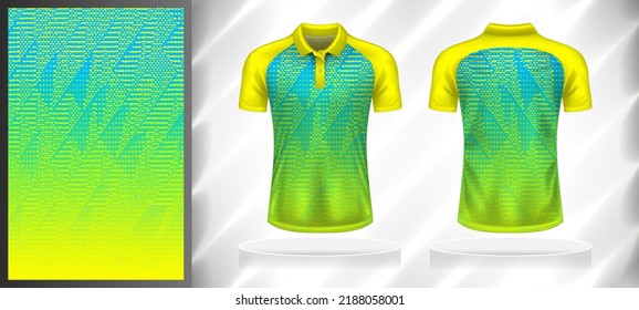 Vector sport pattern design template for Polo T-shirt front and back with short sleeve view mockup. Shades of yellow-blue-green color gradient abstract texture background illustration.