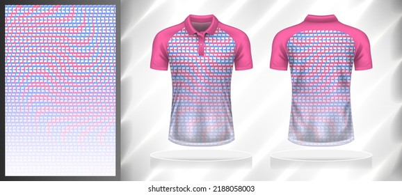 Vector sport pattern design template for Polo T-shirt front and back view mockup. Pink-blue-white color gradient abstract geometric texture background illustration.