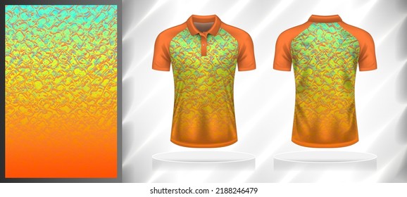 Vector sport pattern design template for Polo T-shirt front and back view mockup. Orange-yellow-blue color gradient abstract grunge texture background illustration.