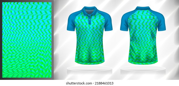Vector sport pattern design template for Polo T-shirt front and back view mockup. Shades of blue-green color abstract geometric line texture background illustration.