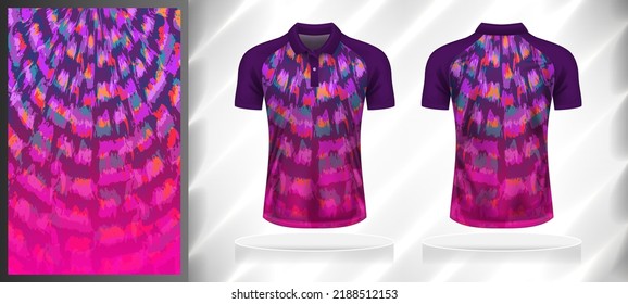 Vector sport pattern design template for Polo T-shirt front and back view mockup. Dark and light shades of purple-pink-blue color abstract rough tie dye texture background illustration.