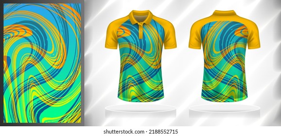 Vector sport pattern design template for Polo T-shirt front and back view mockup. Yellow-blue-green-orange color gradient abstract grunge curve line texture background illustration.