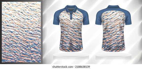 Vector sport pattern design template for Polo T-shirt front and back view mockup. Shades of blue-brown-white color gradient abstract grunge texture background illustration.