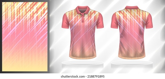 Vector sport pattern design template for Polo T-shirt front and back view mockup. Pink-yellow-white color gradient abstract oblique-vertical line texture background illustration.