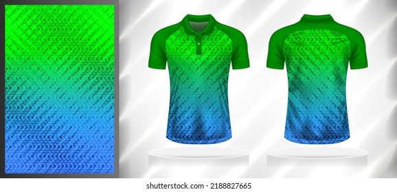 Vector sport pattern design template for Polo T-shirt front and back view mockup. Dark and light shades of green-blue color gradient abstract geometric texture background illustration.