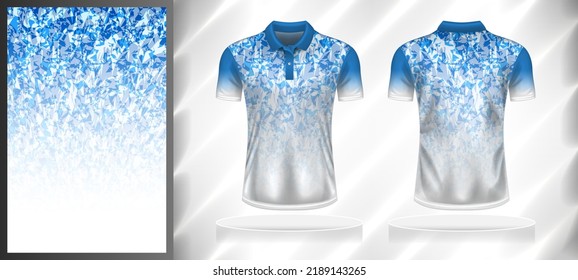 Plantilla de diseño de patrones deportivos vectoriales para el simulador de vista frontal y posterior de camisetas. Ilustración de fondo abstracta de degradado de color azul-blanco.