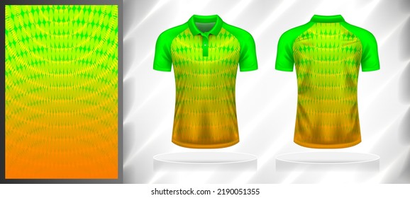 Vector sport pattern design template for Polo T-shirt front and back view mockup. Green-yellow-orange color gradient abstract geometric curve line texture background illustration.