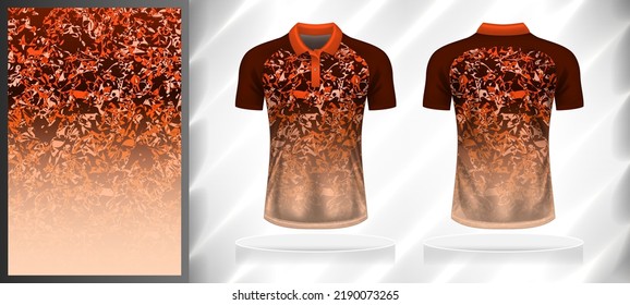 Vector sport pattern design template for Polo T-shirt front and back view mockup. Dark and light shades of brown-orange color gradient abstract grunge texture background illustration.