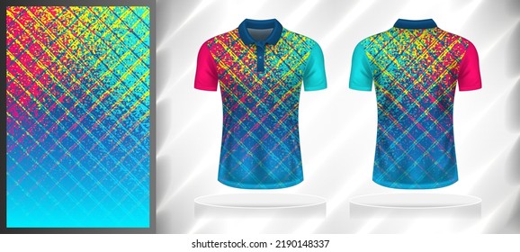 Vector sport pattern design template for Polo T-shirt front and back view mockup. Shades of pink-blue-yellow color gradient abstract square grunge texture background illustration.