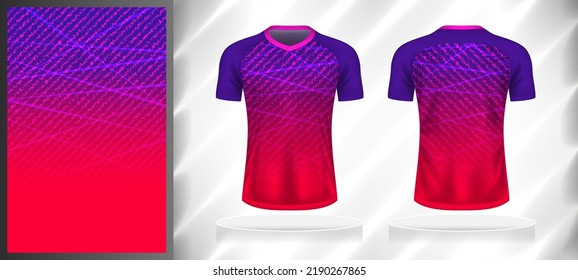 Vector sport pattern design template for V-neck T-shirt front and back with short sleeve view mockup. Shades of purple-pink color gradient abstract texture background.