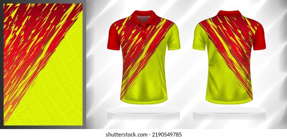 Vector sport pattern design template for Polo T-shirt front and back with short sleeve view mockup. Red-yellow color gradient abstract geometric texture background illustration.