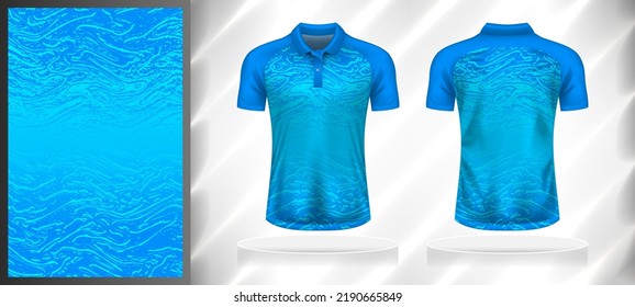 Plantilla de diseño de patrones deportivos vectores para la parte delantera y trasera de camisetas con simulación de manga corta. Tonos oscuros y claros de color azul gradiente grunge abstracto de fondo de línea ondulada.