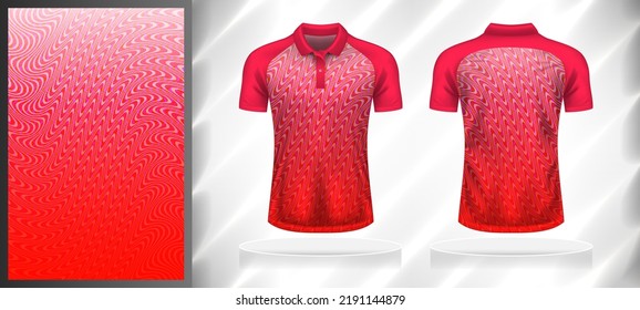 Vector sport pattern design template for Polo T-shirt front and back with short sleeve view mockup. Dark and light shades of pink-red color gradient abstract wavy line texture background illustration.