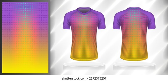 Vector sport pattern design template for V-neck T-shirt front and back with short sleeve view mockup. Purple-yellow-blue-pink color gradient abstract line texture background illustration.